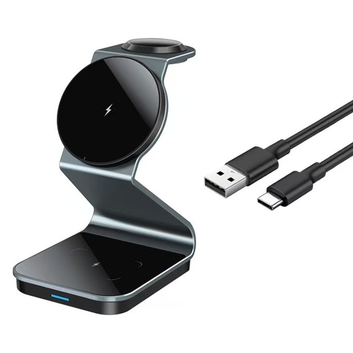 3 az 1-ben mágneses vezeték nélküli töltő, 15W, 3 W, 3 W, mobiltelefonhoz, fejhallgatóhoz és órához, Type-c, ciánkék, 107,5x70x117mm