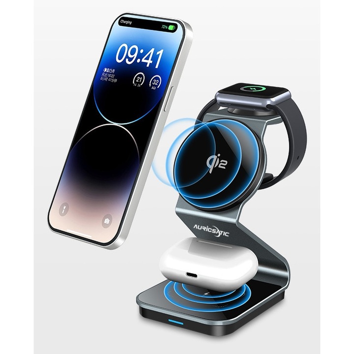Incarcator Wireless 3in1 ，AuriCsatic® cu MagSafe, Suport Magnetic pentru Telefon, Casti si Ceas Inteligent, Incarcare Rapida 15W, Tip C, Albastru Cyan