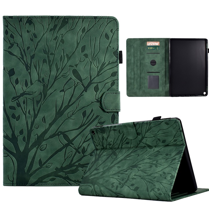 Husa tableta pentru Amazon Fire HD 10 Plus / HD 10 2021, copacul norocului presiune floare PU, functie de trezire / somn (Verde)