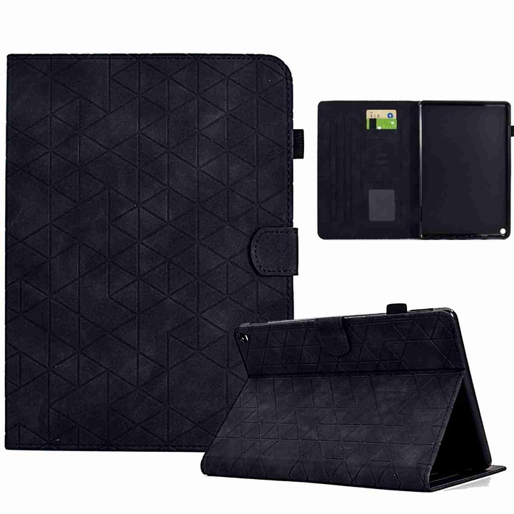 Husa tableta pentru Amazon Fire HD 10 2021, Rhombus TPU + piele inteligenta, tip carte cu suport, inchidere magnetica, negru