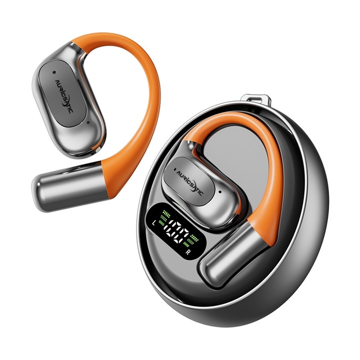 Слушалки, безжични, Bluetooth, отворен дизайн, двустранно стерео, ергономичен дизайн, сензорен режим, 6 часа живот на батерията, USB-C; черно/оранжево