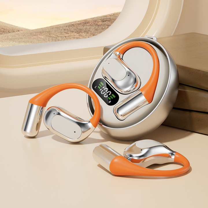 Безжични слушалки, Bluetooth, отворен дизайн, двустранно стерео, ергономичен дизайн, сензорно управление, 6 часа живот на батерията, USB-C, сив/оранжев цвят