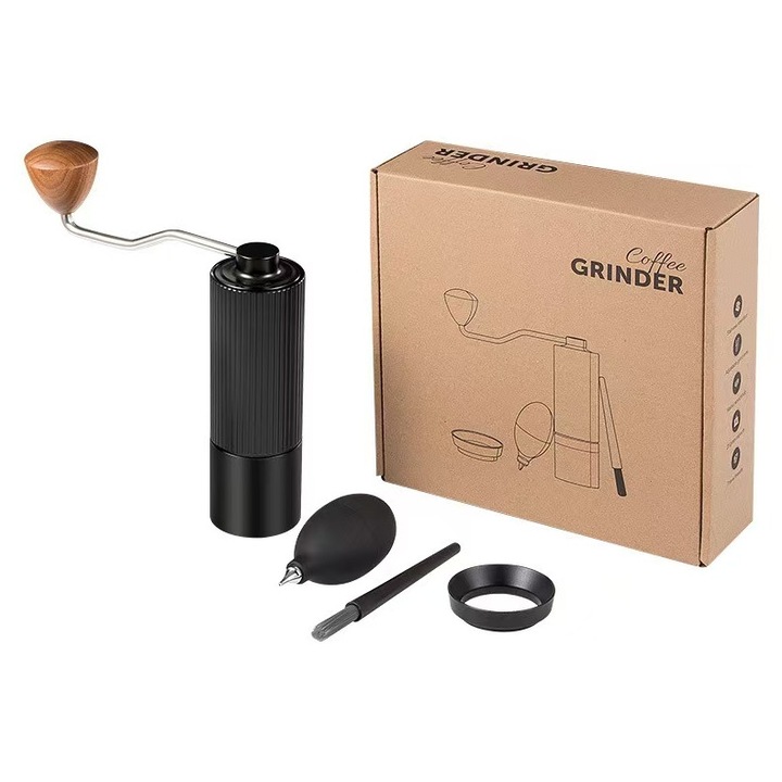 Ръчна кафемелачка Материал: алуминиева сплав, двойни лагери, CNC седмоъгълна смилаща сърцевина, Регулируема дебелина, Конфигурация: пръстен за зърна, четка за почистване, топка за издухване на въздух, Черен, диаметър 5 см, Височина 14,6 см