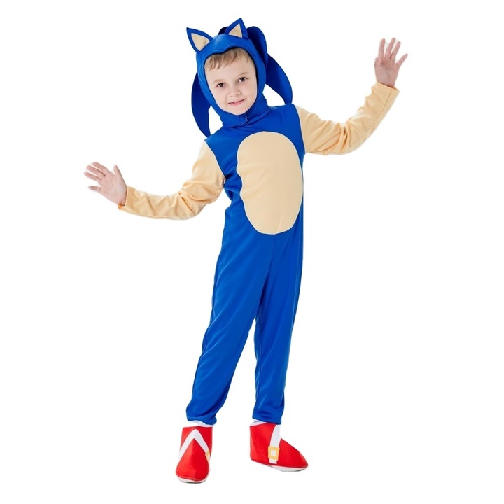Sonic the Hedgehog gyerek farsangi jelmez, kék, fehér kesztyűvel, Funny Party Shop®, 5-6 éves korig