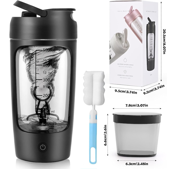 Shaker Electric pentru Proteine, 650 ml, 1200mAh, USB Reincarcabil, Negru