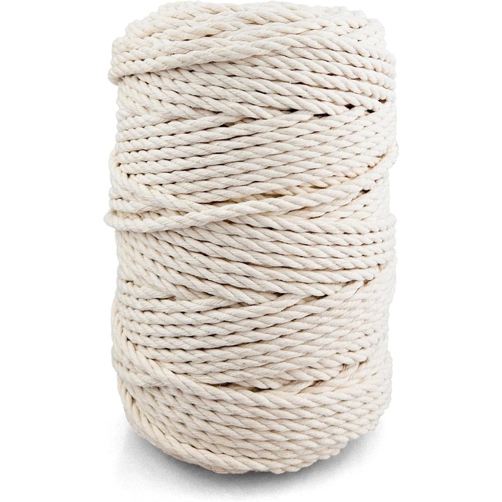 Snur Pentru Macrame, Netuno, Weba, Bumbac 100%, Torsadat Simplu, 5mm x 100M, 3Ply, Ideala Pentru Macrameu Si Proiecte De Artizanat, Ecru