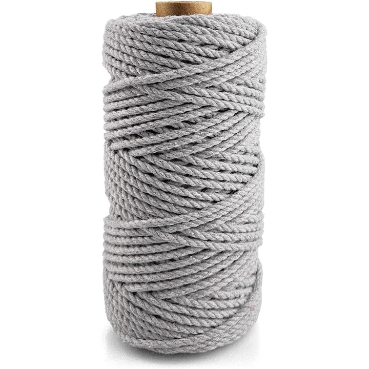 Snur Pentru Macrame, Netuno, Weba, Bumbac 100%, Torsadat Simplu, 3mm x 50M, 3Ply, Ideala Pentru Proiecte De Artizanat Si Decoratiuni Interioare, Gri Deschis