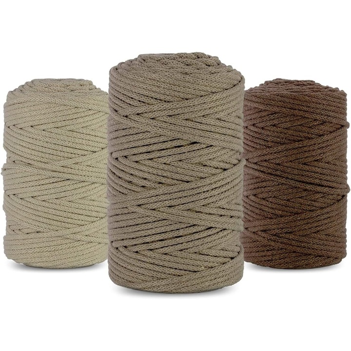Set Fire De macrameu, Netuno, Fir De Bumbac Natural, 100 m, Diametru 5 mm, 3Pcs, Biodegradabil, Utilizari multiple, Antialergic, Fire Textile, Culoare Bej Deschis, Bej Inchis, maro, 3 buc