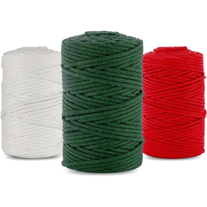 Set Fire De macrameu, Netuno, Fir De Bumbac Natural, 100 m, Diametru 5 mm, 3Pcs, Biodegradabil, Utilizari multiple, Antialergic, Fire Textile, Alb, Rosu, Verde, Sticla Verde, 3 buc