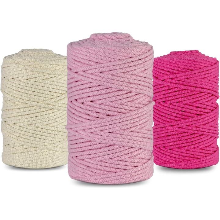 Set Fire De macrameu, Netuno, Fir De Bumbac Natural, 100 m, Diametru 5 mm, 3Pcs, Biodegradabil, Utilizari multiple, Antialergic, Fire Textile, Ivory, Roz Fuchsia, 3 buc