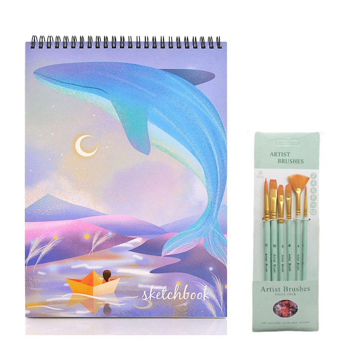 Caiet de desen, TREXORA, model balena, hartie groasa, dimensiune A4, multicolor, cu pensula inclusa