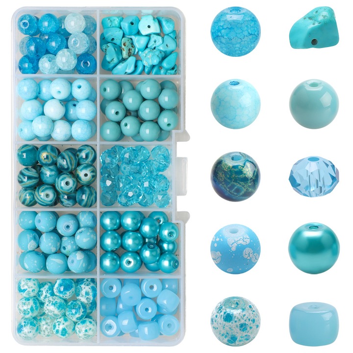 Set de margele din acril TREXORA, design albastru cu crapaturi, multicolor, pentru bratari si coliere de vara, 14+