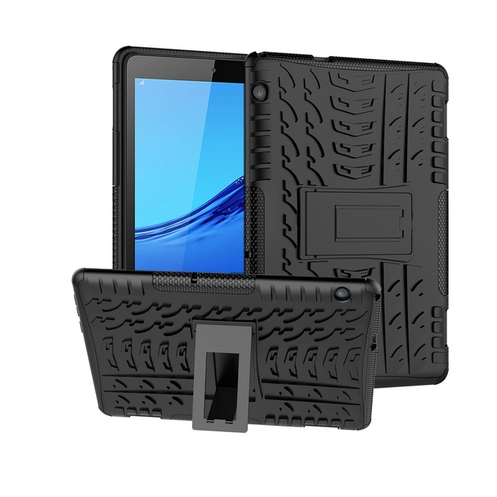 Husa tableta pentru Huawei MediaPad T5, textura cauciucata, TPU + PC, protectie anti-soc cu suport (Negru)