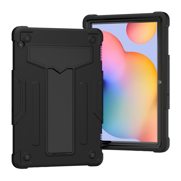 OEM Huawei MediaPad T5 tablet tok, PC + szilikon, T-alakú állványkialakítás, ütésálló, kontrasztos színű, fekete