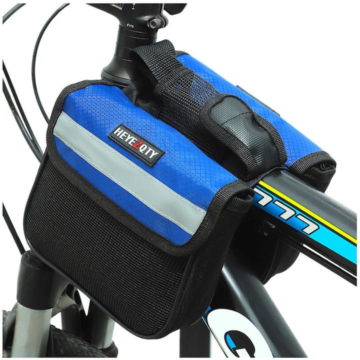 Geanta impremeabila pentru cadru bicicleta, genti de bicicleta, cu buzunare laterale, unisex, impermeabila, usoara, spatioasa, 18x15x5.5cm, albastru