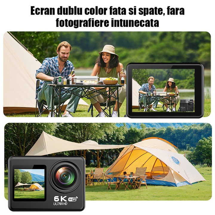 Camera Video Sport WiF 6K Ultra HD, Fudisenn®, 6K/25FPS, 24 MP, Functie WiFi, Stabilizare imagine EIS, Ecran Tactil, Unghi Larg 170°, Zoom 4x, Ecran Dublu, 30m waterproof, cu card SD 64Gb, Fotografiere Multi Mod, Inclusiv accesorii de instalare, Negru