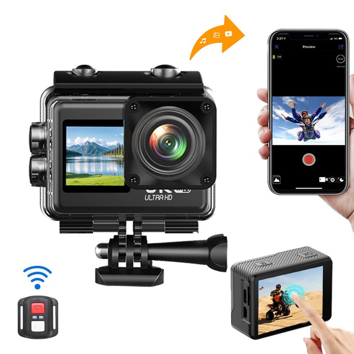 Videó Sport WiF 6K Ultra HD kamera, Fudisenn, 6K/25FPS, 24 MP, WiFi funkció, EIS képstabilizálás, érintőképernyő, 170°-os nagylátószög, 4x zoom, kettős képernyő, 30m vízálló, 64 GB-os SD kártya, többmódú fényképezés, beszerelési tartozékokkal együtt