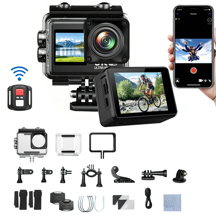 Camera Video Sport WiF 6K Ultra HD, Fudisenn®, 6K/25FPS, 24 MP, Functie WiFi, Stabilizare imagine EIS, Ecran Tactil, Unghi Larg 170°, Zoom 4x, Ecran Dublu, 30m waterproof, cu card SD 64Gb, Fotografiere Multi Mod, Inclusiv accesorii de instalare, Negru