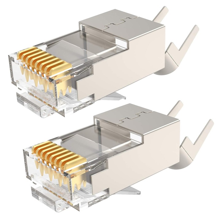 Set 2 bucati mufa RJ45 ecranata Cat7 Cat6e, cu 8 pini 8P8C, pentru fire groase 23AWG, pini suflati cu Aur
