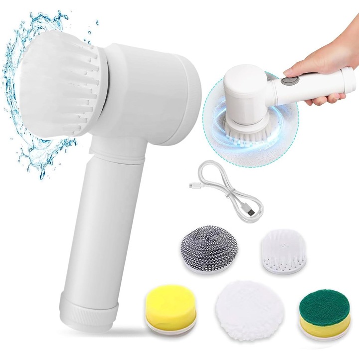 Електрическа четка за почистване с 5 глави, въртяща се електрическа четка, бързо и лесно почистване, USB, за плочки, вани, подове, мивки, печки, аквариуми, обувки и автомобили