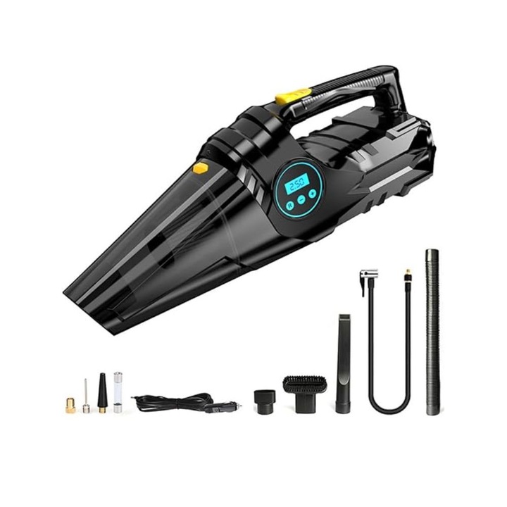 Aspirator Auto Portabil Multifunctional 4 in 1, Compresor Anvelope, Manometru, Lanterna LED, 100W, Negru, Impact Vision®