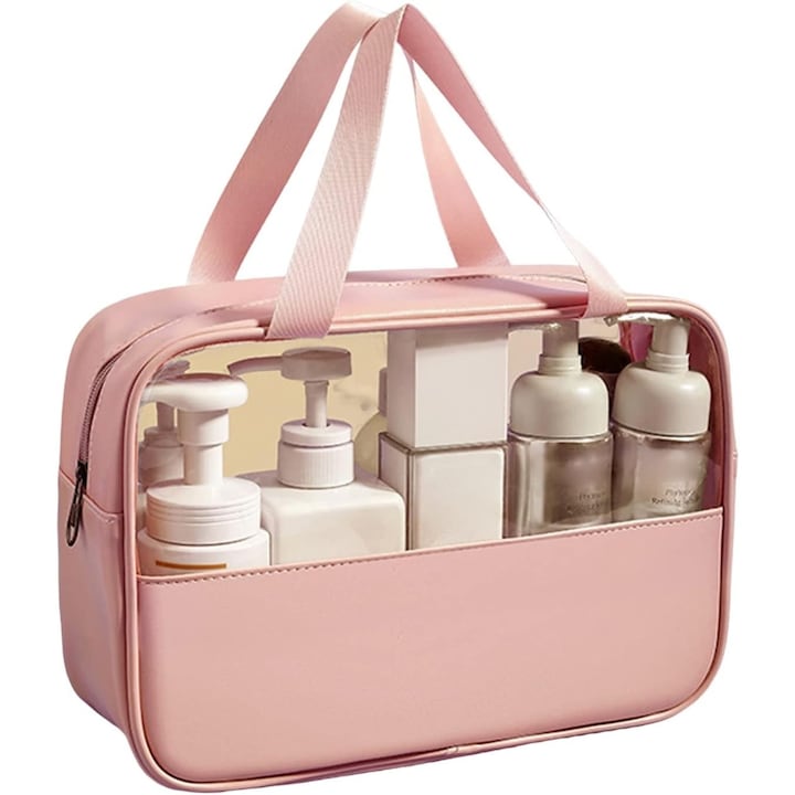Козметична чанта, Leski, Чанта за пътуване или организиране на козметика, Чанта за грим, от PVC и PU, 26 x 15 x 10 см, Розова