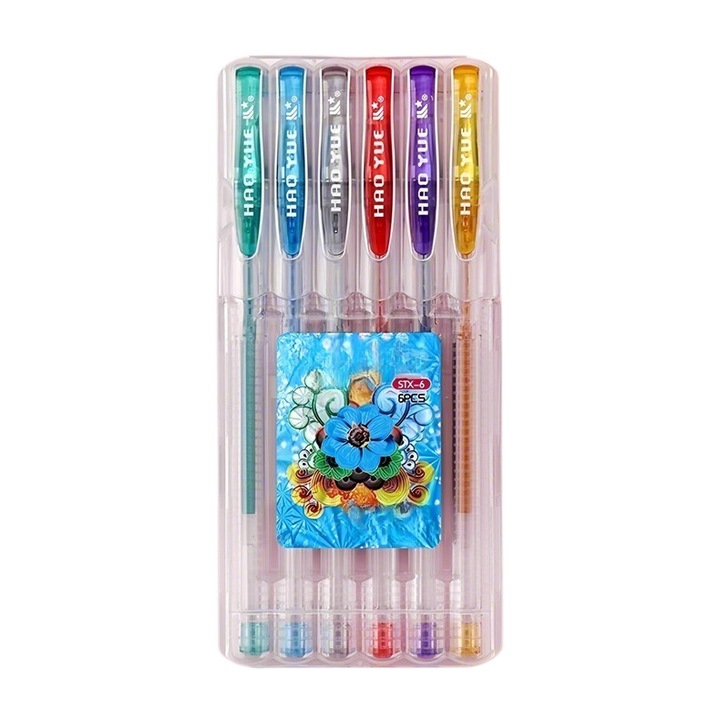 Pixuri gel cu sclipici, 6 culori, 1.0mm, design ergonomic, scriere fluida
