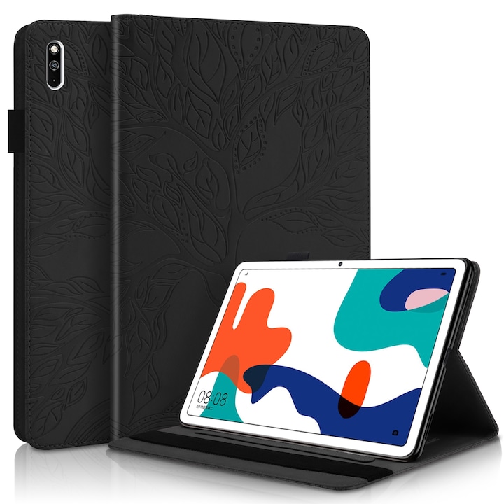 Husa tableta pentru Huawei MatePad 10.4 inch serii Life Tree, tip carte orizontala din piele cu suport, sloturi pentru carduri si pentru creion, Negru