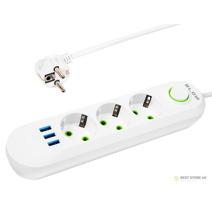 Удължителен кабел BLOW PS-330, 3 гнезда, 3xUSB, 3 м, бял