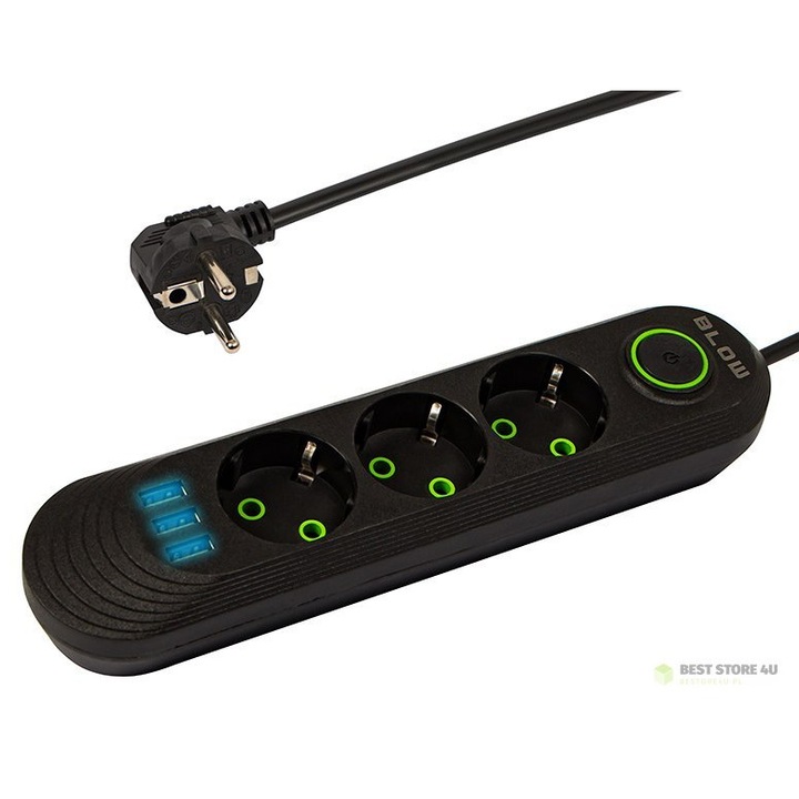 Удължителен кабел BLOW PS-350, 3 гнезда, 3x USB, 5 м, черен