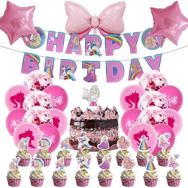 Barbie tematikus bulilufi és kiegészítő szett, 39 darabos, születésnapi felirattal, latex és fólia lufikkal, tortadíszítéssel és muffinokkal, rózsaszín