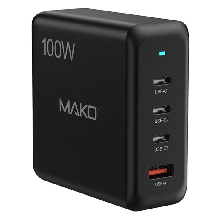 Mako Quick Charge 100W GaN2 hálózati töltő, 3x Type-C, 1x USB-A EU, fekete