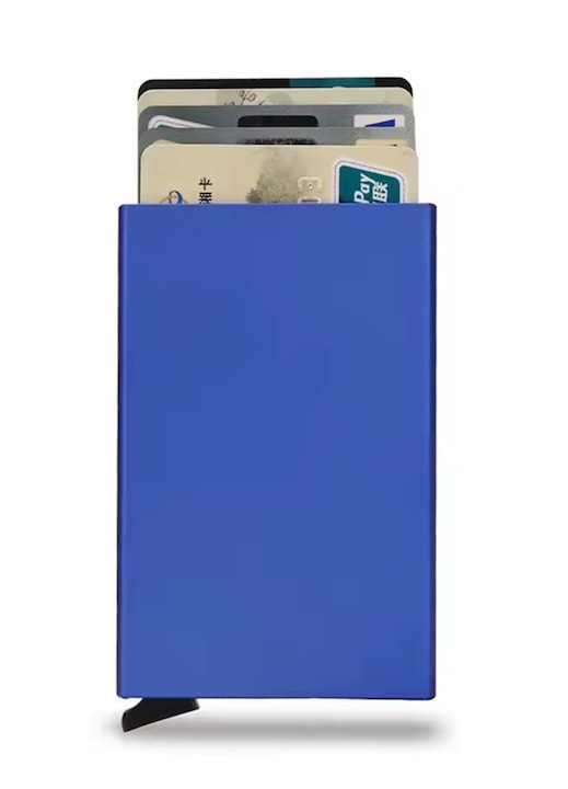 Унисекс алуминиев картодържател с RFID защита, изработен от алуминиева сплав, капацитет 8 карти, металически син цвят, малки размери 9.5 x 6.2 x 0.9 см, за чанта или джоб