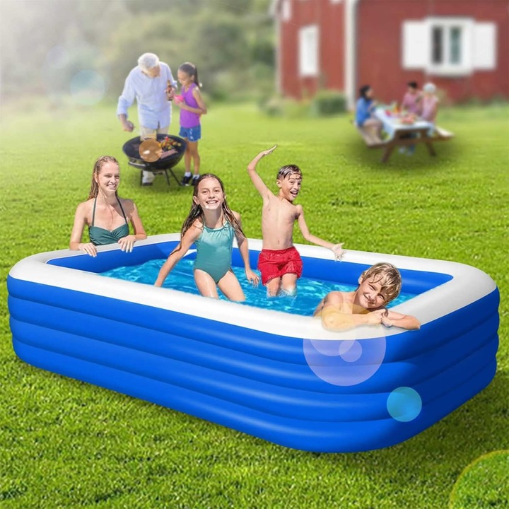 Piscina Gonflabila Dreptunghiulara Pitikot®, pentru Adulti sau Copii 3+ Ani, Ideala pentru Curte, Gradina, Interior si Exterior, Cu Baza Podea Moale, Usor de Instalat si Intretinut, 3 Straturi, Dimensiuni 305x168x56 cm, Vinil, Albastru/Alb