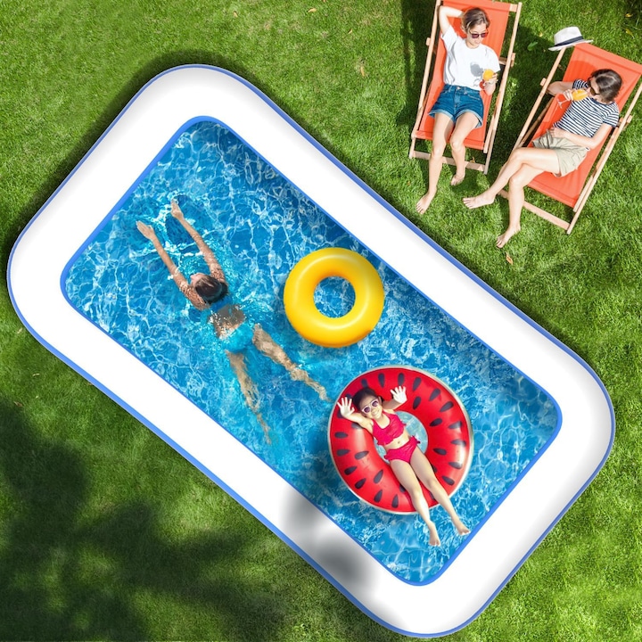 Piscina Gonflabila Dreptunghiulara Pitikot®, pentru Adulti sau Copii 3+ Ani, Ideala pentru Curte, Gradina, Interior si Exterior, Cu Baza Podea Moale, Usor de Instalat si Intretinut, 3 Straturi, Dimensiuni 180x130x56 cm, Vinil, Albastru/Alb