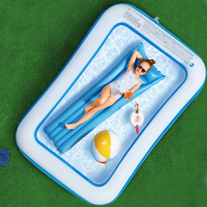 Piscina Gonflabila Dreptunghiulara Pitikot®, pentru Adulti sau Copii 3+ Ani, Ideala pentru Curte, Gradina, Interior si Exterior, Cu Baza Podea Moale, Usor de Instalat si Intretinut, 3 Straturi, Dimensiuni 150x100x50 cm, Albastru/Alb