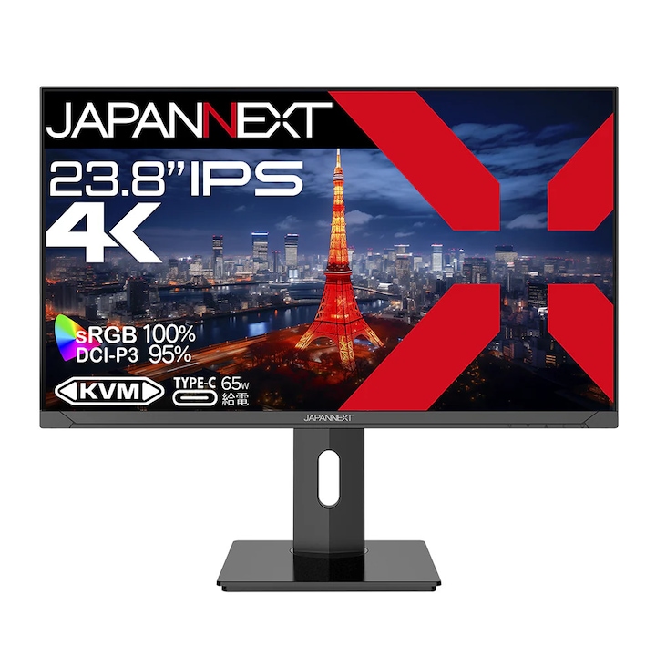 Монитор Japannext 23,8 инча, IPS 4K UHD (3840x2160), USB-C зареждане (65W), регулируеми по височина и наклон (HSP) високоговорители, sRGB 100%, G-Sync, FreeSync