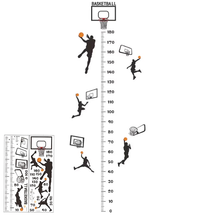 Sticker autocolant metru masurare inaltime copii, Garsonal®, baschet, Impermeabil si estetic, Se recomanda pentru suprafete netede si curate, precum pereti, sticla si gresie, 180 cm