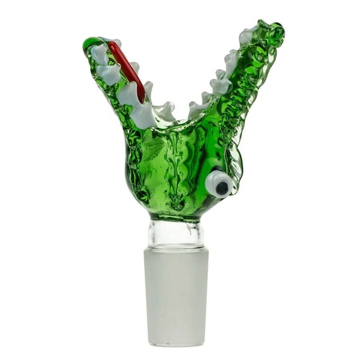Bol pentru pipa bong cu SG14 (14.5mm), design Crocodil sticla borosilicata, verde-transparent