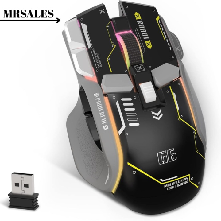Геймърска мишка MRSALES G6, 2.4G безжична, кабелна, Bluetooth, 3 режима, 4000DPI, RGB, 10 програмируеми макро бутона за Windows, IOS или Android