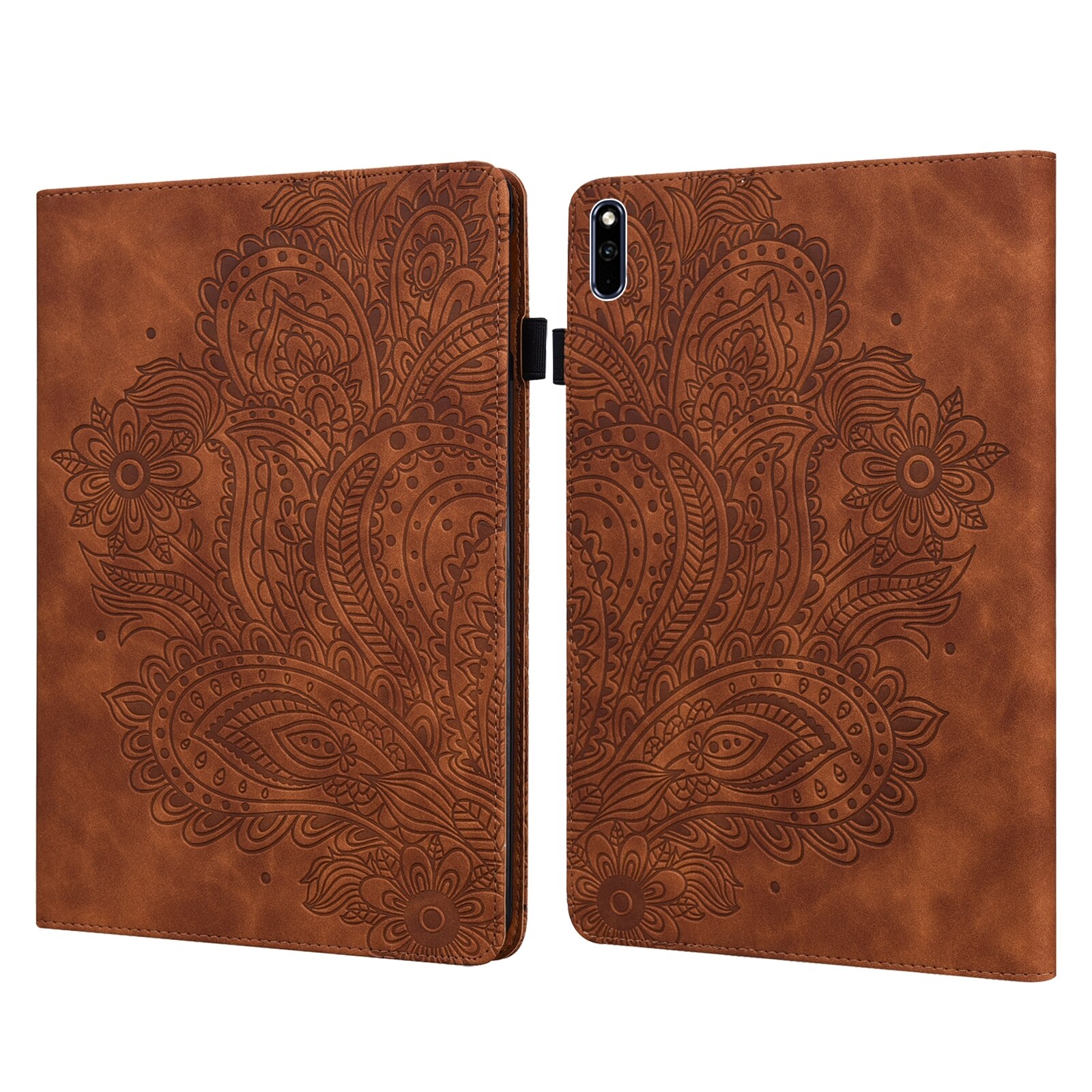 Husa tableta pentru Huawei MatePad 10.4, piele PU + TPU, tip carte cu suport si buzunare carduri, model embosat paun, somn/trezire, Maro