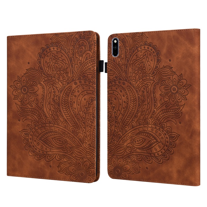 Husa tableta pentru Huawei MatePad 10.4, piele PU + TPU, tip carte cu suport si buzunare carduri, model embosat paun, somn/trezire, Maro