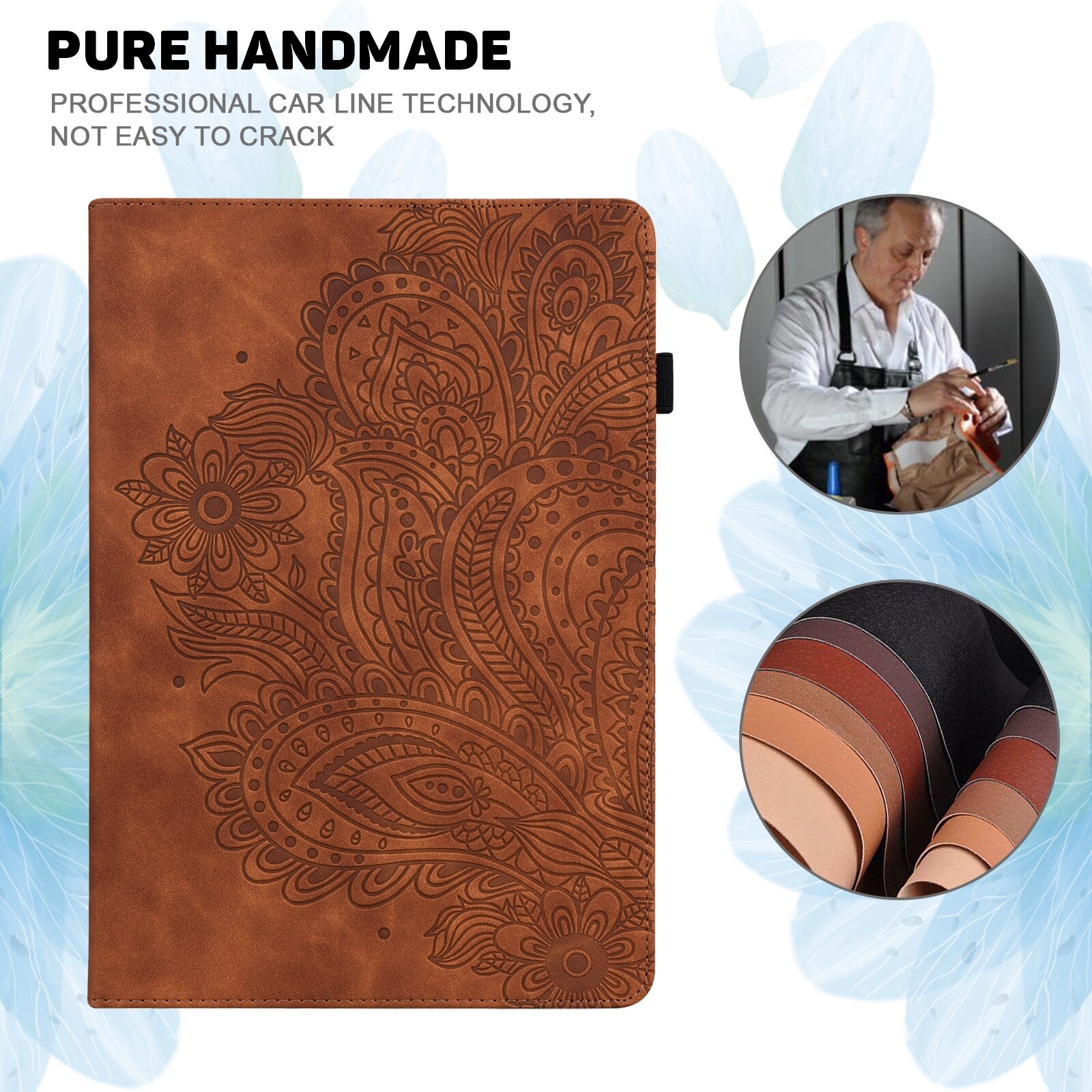 Husa tableta pentru Huawei MatePad 10.4, piele PU + TPU, tip carte cu suport si buzunare carduri, model embosat paun, somn/trezire, Maro