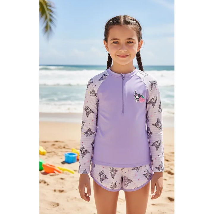 Costum imprimeu Kuromi deplaja stil kawaii plaja baie adorabil pentru baie fetite cu maneca lunga doua piese UV protectie vara material respirabil si usor desene animate vacanta la mare petrecere la piscina