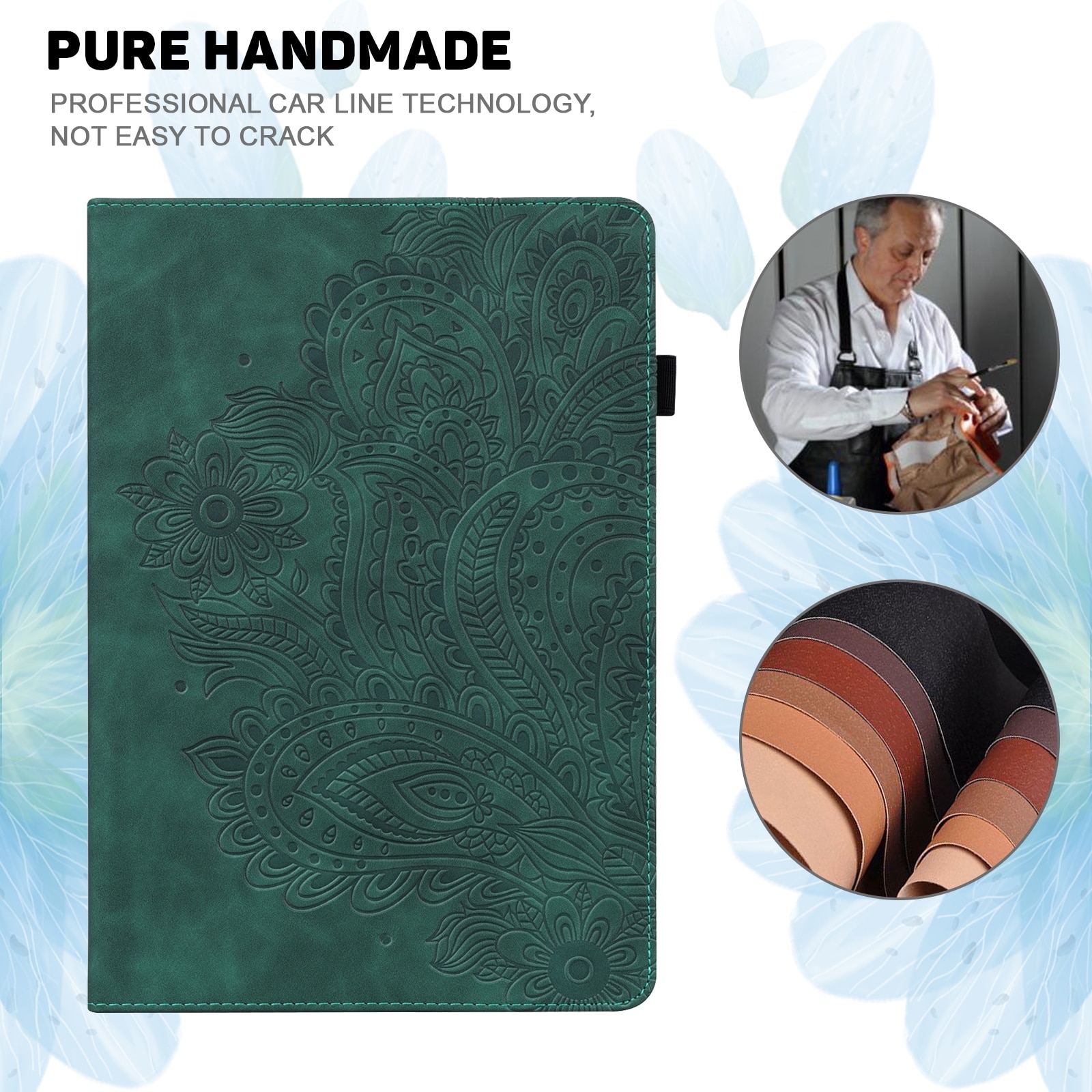 Husa tableta pentru Huawei MatePad 10.4, piele PU + TPU, model cu imprimeu de paun, design orizontal tip carte cu suport si buzunar pentru carduri, functie de somn/trezire, Verde