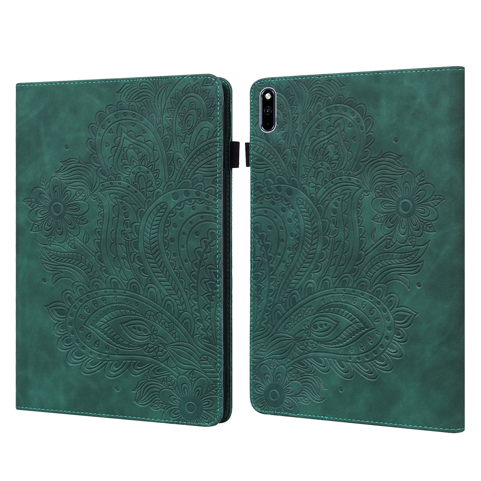 Husa tableta pentru Huawei MatePad 10.4, piele PU + TPU, model cu imprimeu de paun, design orizontal tip carte cu suport si buzunar pentru carduri, functie de somn/trezire, Verde
