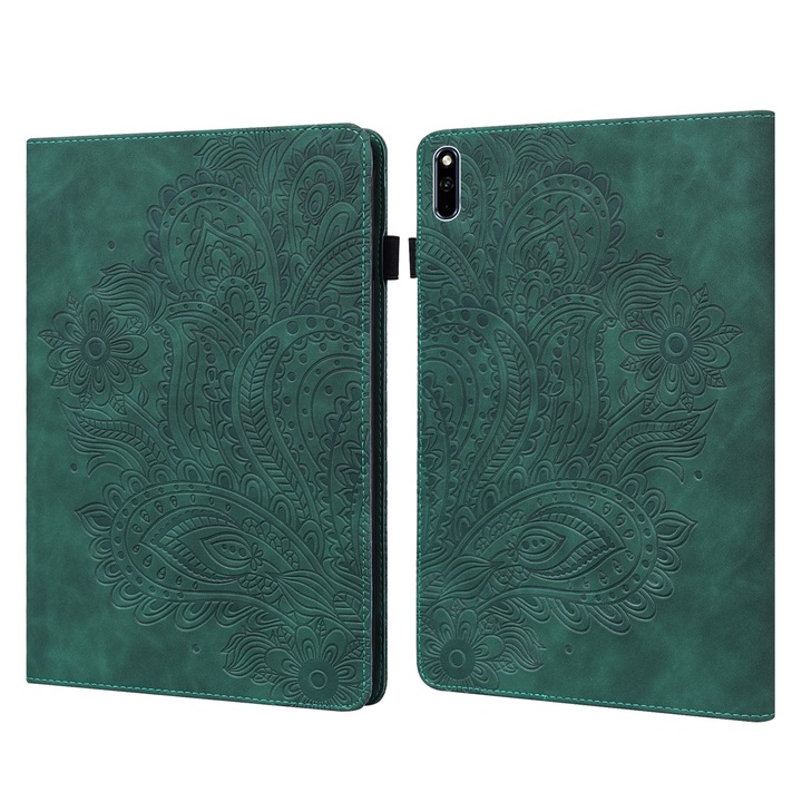 Husa tableta pentru Huawei MatePad 10.4, piele PU + TPU, model cu imprimeu de paun, design orizontal tip carte cu suport si buzunar pentru carduri, functie de somn/trezire, Verde