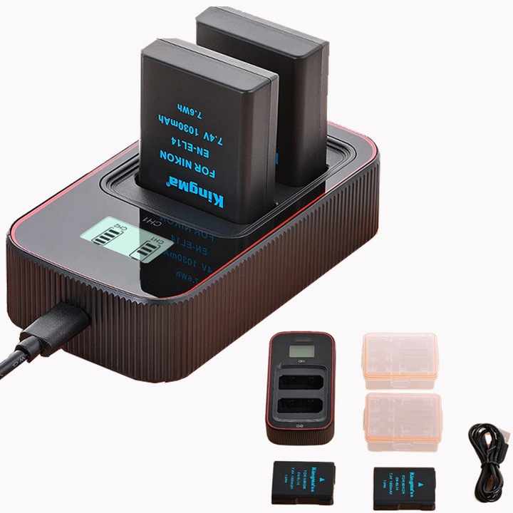 Baterii si incarcator pentru camera, doua baterii EN-EL14a de 1030 mAh, compatibile cu camerele Nikon D3200, D3400, D5200, D5300 si D5500. Dispune de ecran LCD, protectie la temperatura si scurtcircuit. Negru