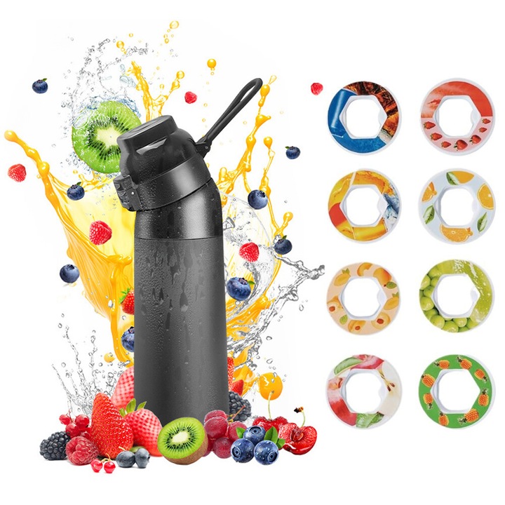 Спортна бутилка за вода от неръждаема стомана с 8 аромата, вместимост 600 мл, херметична конструкция, 0 калории без захар, поддържа напитките топли, WALALLA, черна
