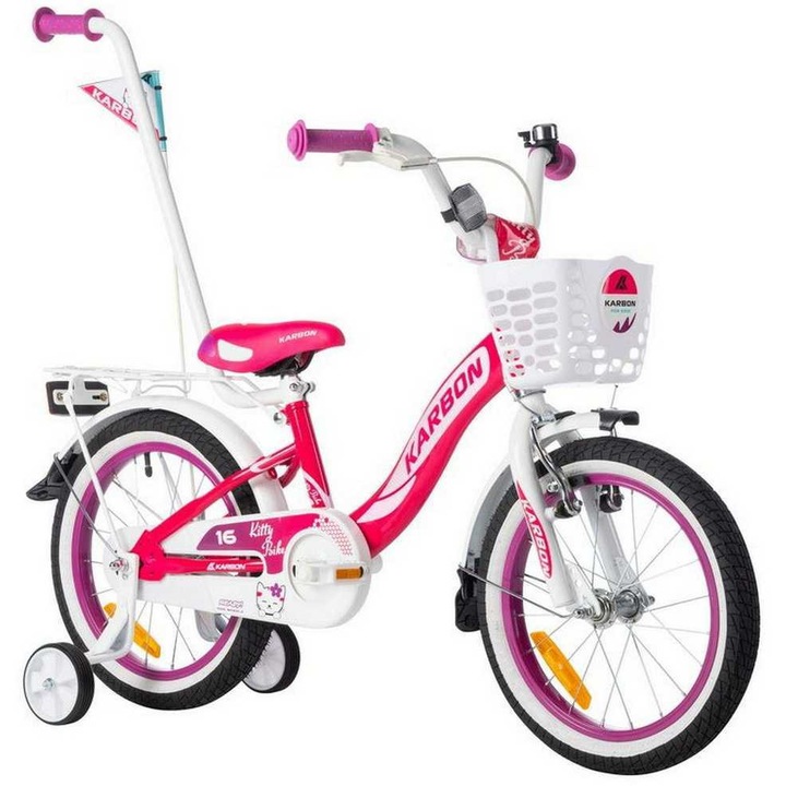 Bicicleta copii Karbon Kitty 16", roz-alb, cu roti ajutatoare, accesorii incluse